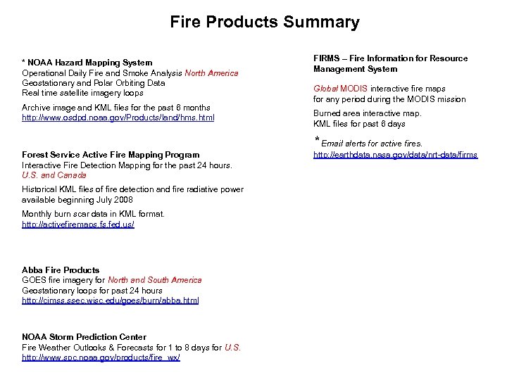 Fire Products Summary * NOAA Hazard Mapping System Operational Daily Fire and Smoke Analysis