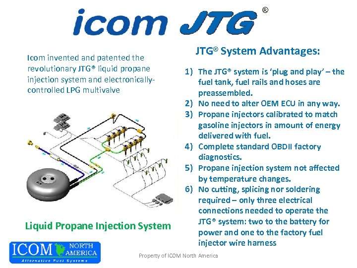 ® Icom invented and patented the revolutionary JTG® liquid propane injection system and electronicallycontrolled