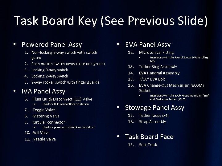 Task Board Key (See Previous Slide) • Powered Panel Assy 1. Non-locking 2 -way