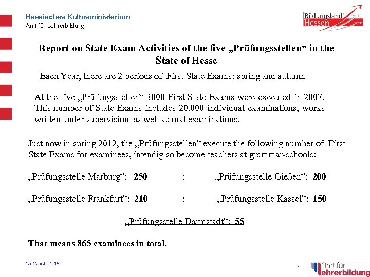 Hessisches Kultusministerium Amt für Lehrerbildung Report on State Exam Activities of the five „Prüfungsstellen“