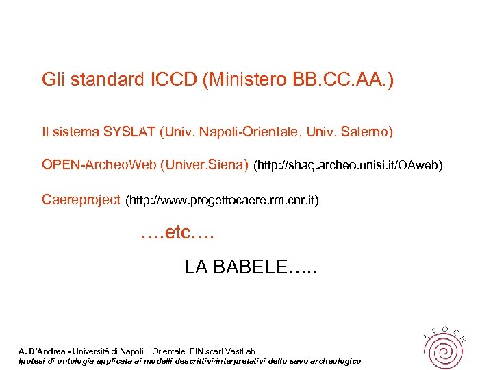Gli standard ICCD (Ministero BB. CC. AA. ) Il sistema SYSLAT (Univ. Napoli-Orientale, Univ.