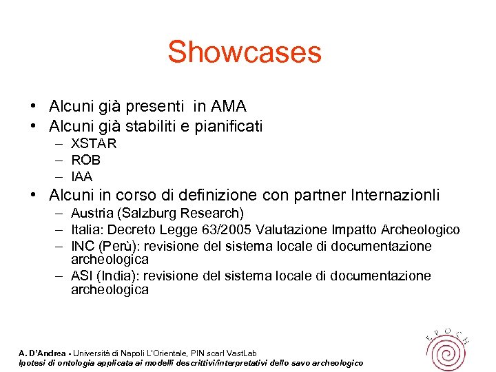 Showcases • Alcuni già presenti in AMA • Alcuni già stabiliti e pianificati –