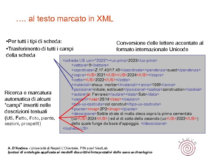 …. al testo marcato in XML • Per tutti i tipi di scheda: •