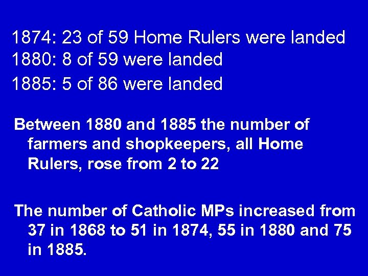 1874: 23 of 59 Home Rulers were landed 1880: 8 of 59 were landed