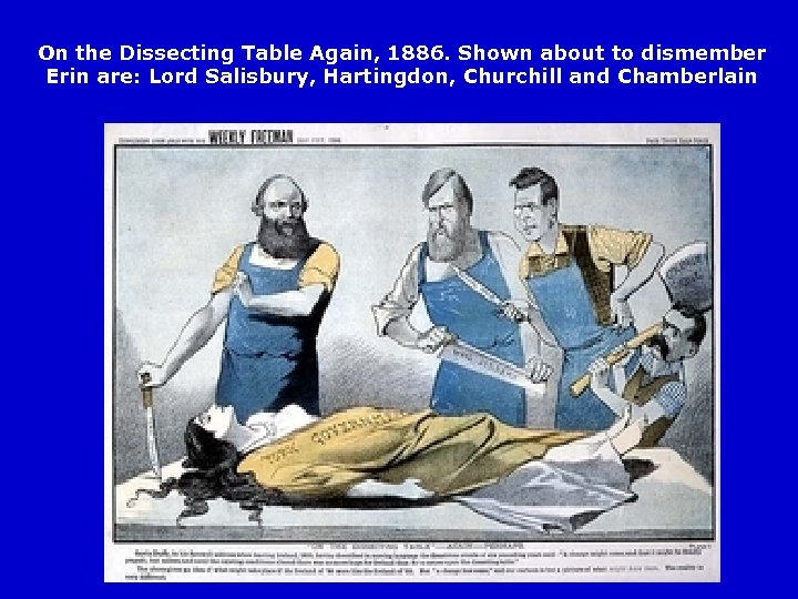 On the Dissecting Table Again, 1886. Shown about to dismember Erin are: Lord Salisbury,