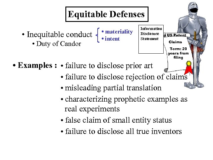 Equitable Defenses • Inequitable conduct • Duty of Candor • materiality • intent Information