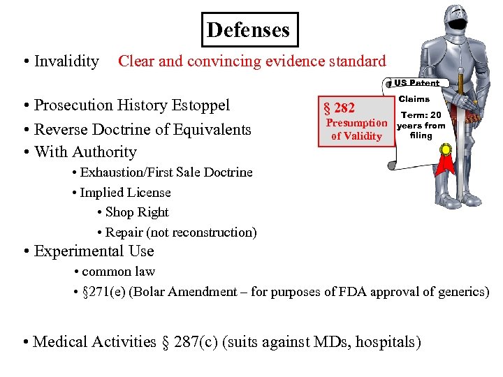 Defenses • Invalidity Clear and convincing evidence standard US Patent • Prosecution History Estoppel