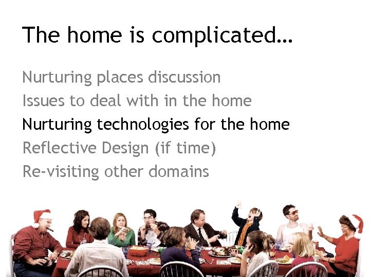 The home is complicated… Nurturing places discussion Issues to deal with in the home