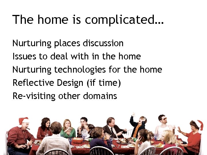 The home is complicated… Nurturing places discussion Issues to deal with in the home