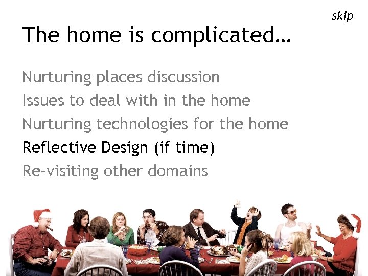 The home is complicated… Nurturing places discussion Issues to deal with in the home