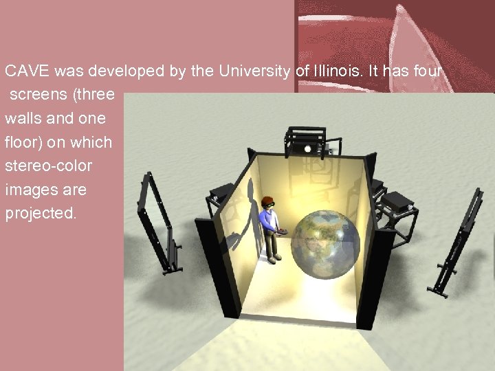 CAVE was developed by the University of Illinois. It has four screens (three walls