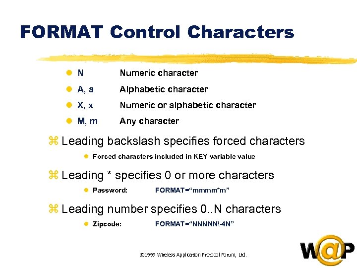 FORMAT Control Characters l N Numeric character l A, a Alphabetic character l X,