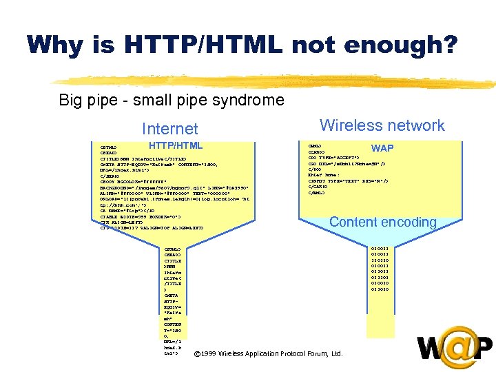 Why is HTTP/HTML not enough? Big pipe - small pipe syndrome Internet HTTP/HTML <HTML>