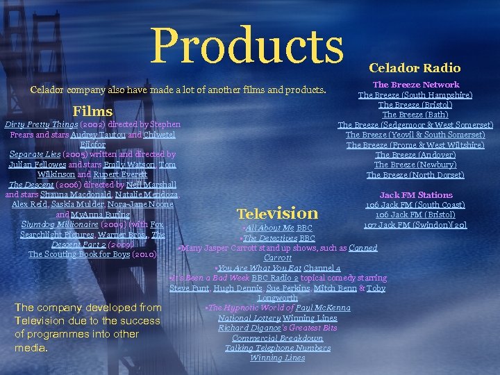 Products Celador company also have made a lot of another films and products. Films