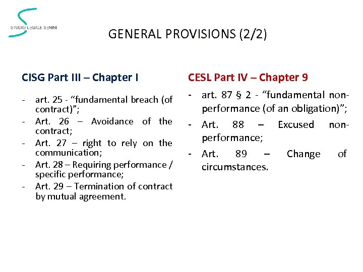 GENERAL PROVISIONS (2/2) CISG Part III – Chapter I CESL Part IV – Chapter