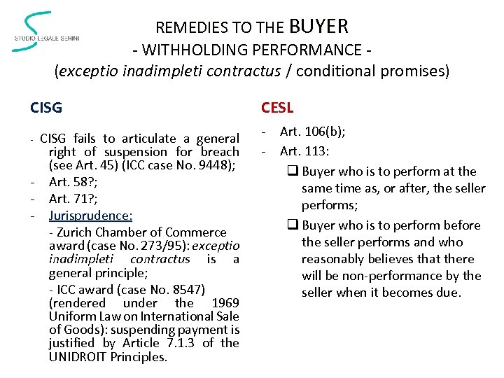 REMEDIES TO THE BUYER - WITHHOLDING PERFORMANCE (exceptio inadimpleti contractus / conditional promises) CISG