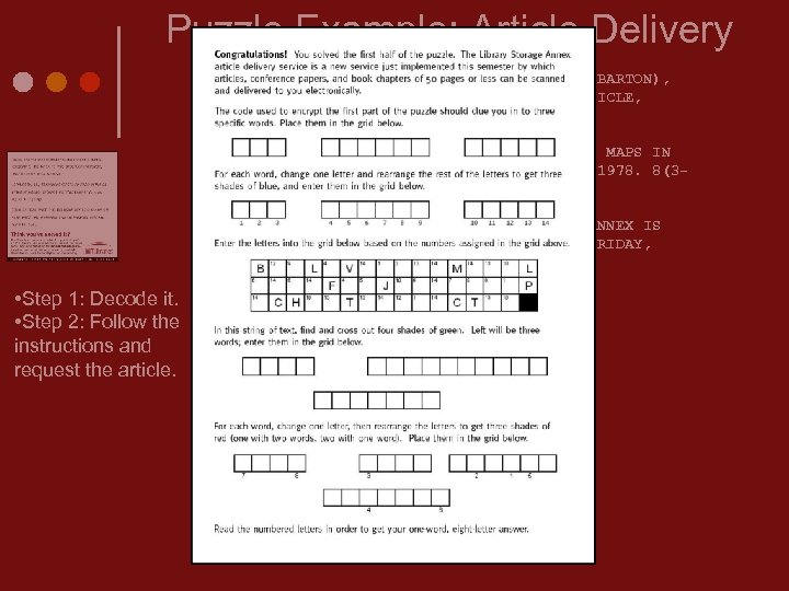 Puzzle Example: Article Delivery USING BARTON (HTTP: //LIBRARIES. MIT. EDU/BARTON), REQUEST A PDF SCAN
