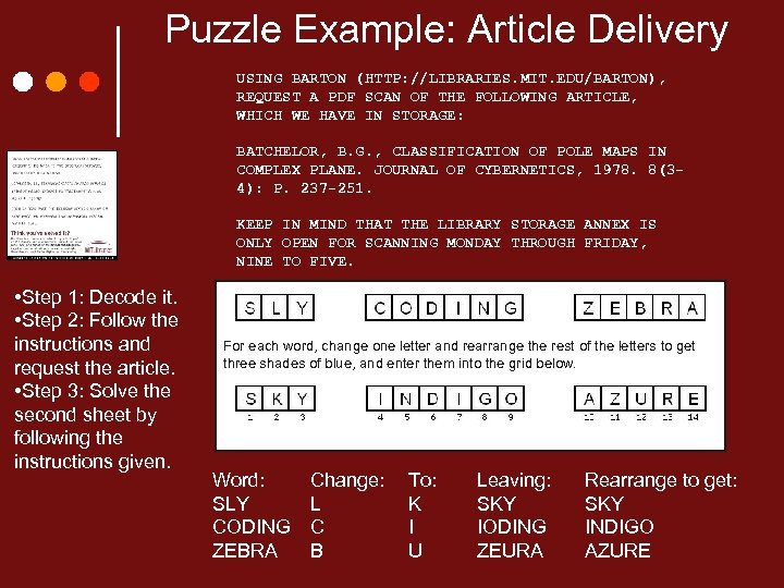 Puzzle Example: Article Delivery USING BARTON (HTTP: //LIBRARIES. MIT. EDU/BARTON), REQUEST A PDF SCAN