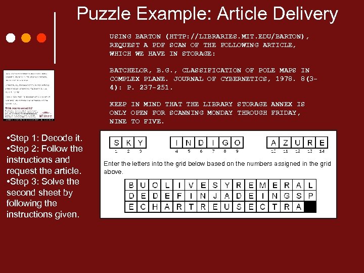Puzzle Example: Article Delivery USING BARTON (HTTP: //LIBRARIES. MIT. EDU/BARTON), REQUEST A PDF SCAN