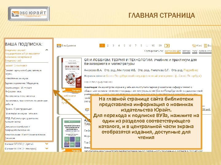 ГЛАВНАЯ СТРАНИЦА На главной странице сайта библиотеки представлена информация о новинках издательства Юрайт. Для