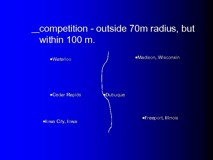 competition - outside 70 m radius, but within 100 m. Madison, Wisconsin Waterloo Cedar