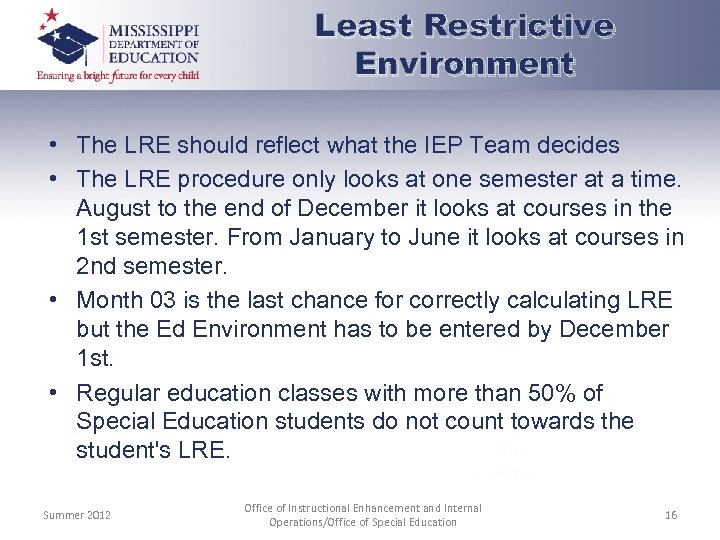 Least Restrictive Environment • The LRE should reflect what the IEP Team decides •