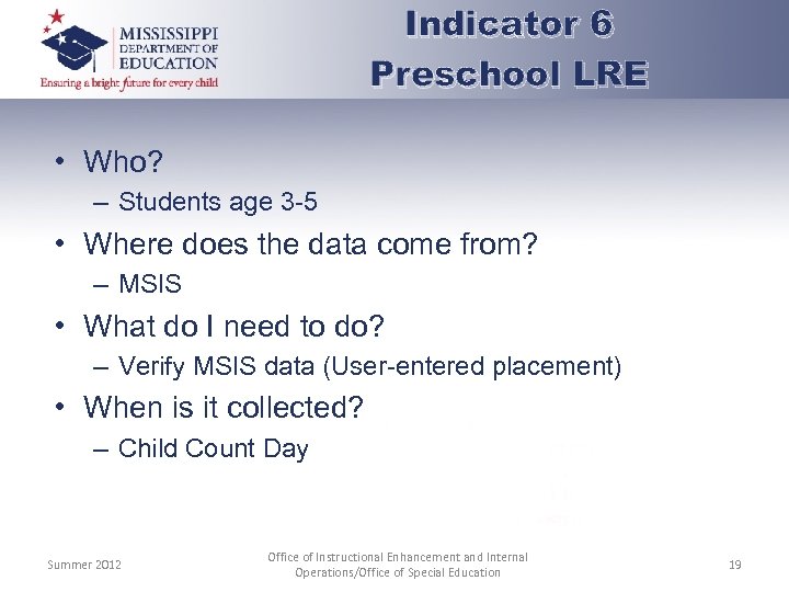 Indicator 6 Preschool LRE • Who? – Students age 3 -5 • Where does