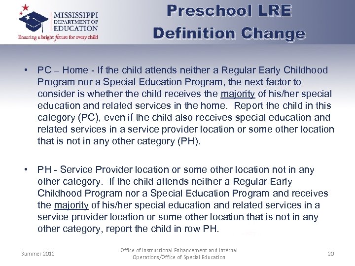 Preschool LRE Definition Change • PC – Home - If the child attends neither