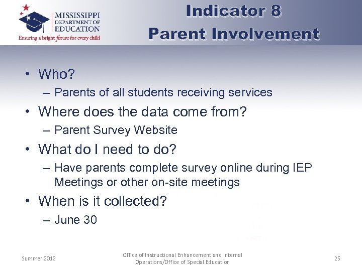 Indicator 8 Parent Involvement • Who? – Parents of all students receiving services •
