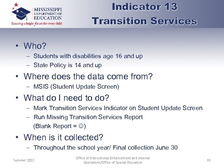 Indicator 13 Transition Services • Who? – Students with disabilities age 16 and up
