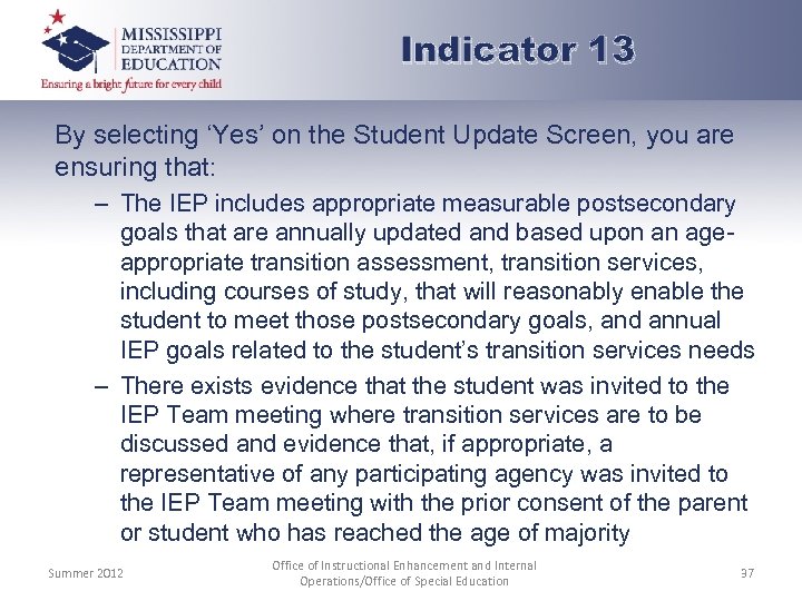 Indicator 13 By selecting ‘Yes’ on the Student Update Screen, you are ensuring that:
