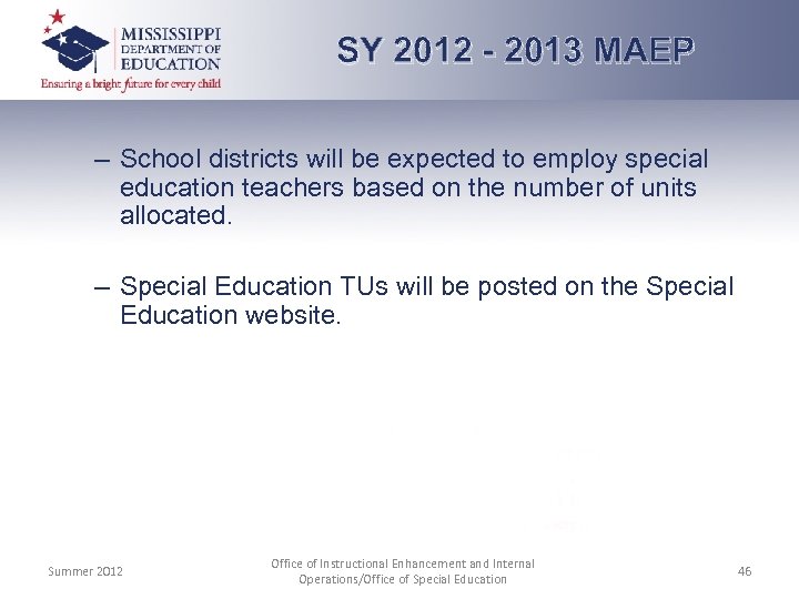 SY 2012 - 2013 MAEP – School districts will be expected to employ special