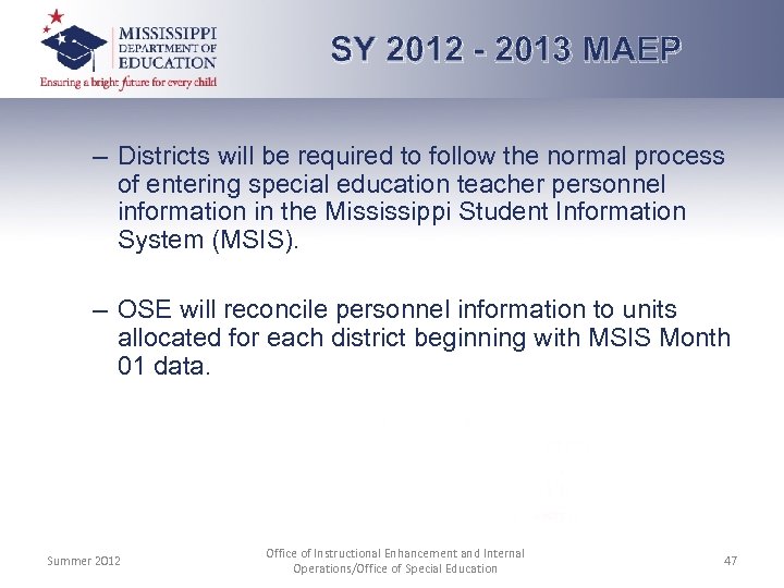 SY 2012 - 2013 MAEP – Districts will be required to follow the normal