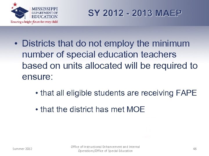 SY 2012 - 2013 MAEP • Districts that do not employ the minimum number