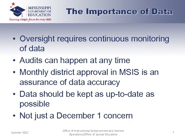 The Importance of Data • Oversight requires continuous monitoring of data • Audits can