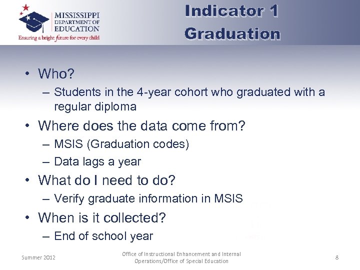 Indicator 1 Graduation • Who? – Students in the 4 -year cohort who graduated