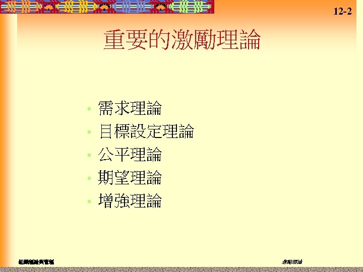 12 -2 重要的激勵理論 § § § 組織理論與管理 需求理論 目標設定理論 公平理論 期望理論 增強理論 激勵理論 