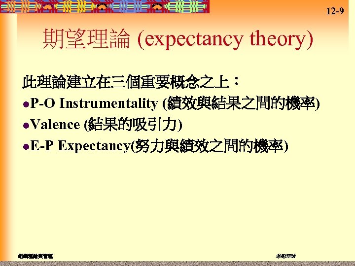 12 -9 期望理論 (expectancy theory) 此理論建立在三個重要概念之上： l. P-O Instrumentality (績效與結果之間的機率) l. Valence (結果的吸引力) l.