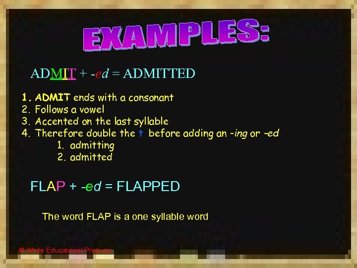 ADMIT + -ed = ADMITTED 1. ADMIT ends with a consonant 2. Follows a