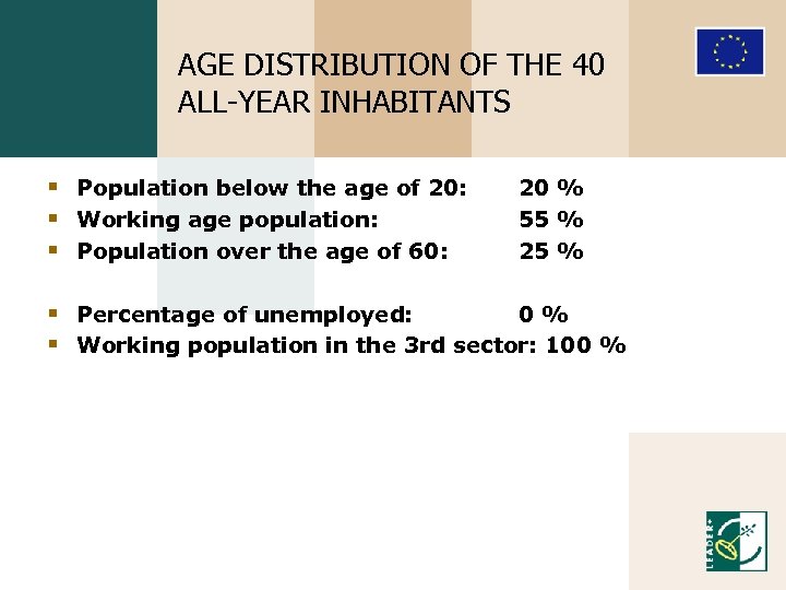 AGE DISTRIBUTION OF THE 40 ALL-YEAR INHABITANTS § Population below the age of 20: