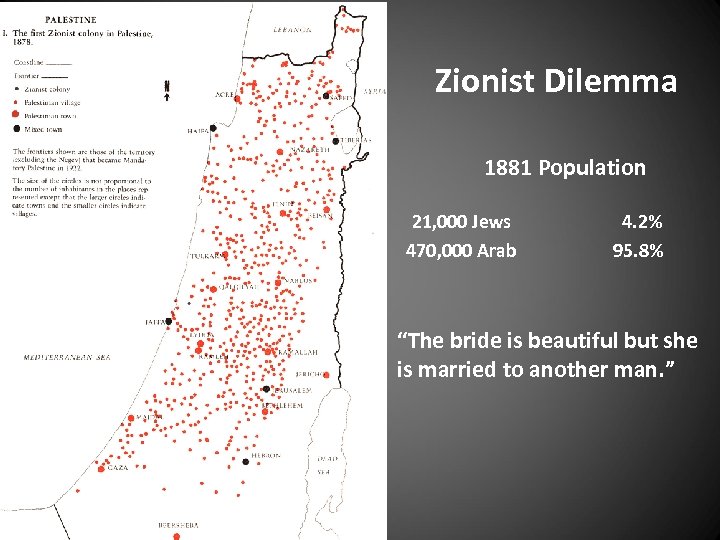  Zionist Dilemma 1881 Population 21, 000 Jews 470, 000 Arab 4. 2% 95.