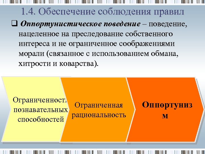 1. 4. Обеспечение соблюдения правил q Оппортунистическое поведение – поведение, нацеленное на преследование собственного