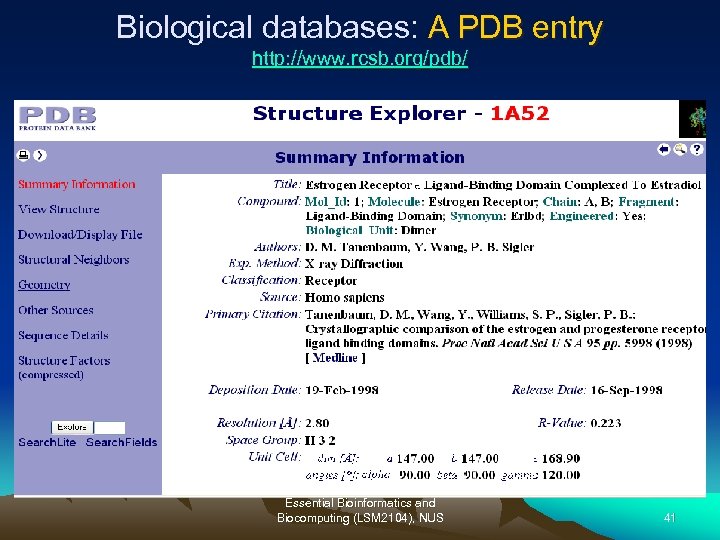 Biological databases: A PDB entry http: //www. rcsb. org/pdb/ Essential Bioinformatics and Biocomputing (LSM