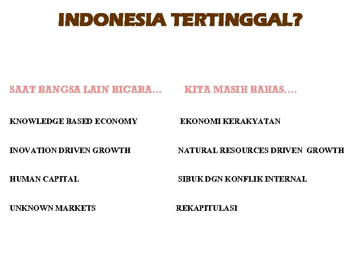INDONESIA TERTINGGAL? SAAT BANGSA LAIN BICARA… KITA MASIH BAHAS…. KNOWLEDGE BASED ECONOMY EKONOMI KERAKYATAN