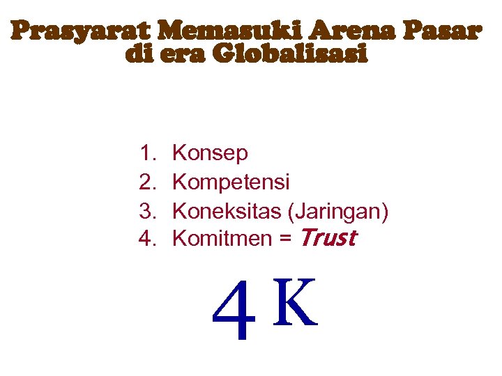 Prasyarat Memasuki Arena Pasar di era Globalisasi 1. 2. 3. 4. Konsep Kompetensi Koneksitas