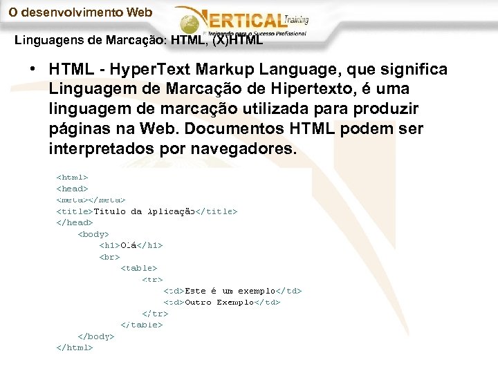O desenvolvimento Web Linguagens de Marcação: HTML, (X)HTML • HTML - Hyper. Text Markup