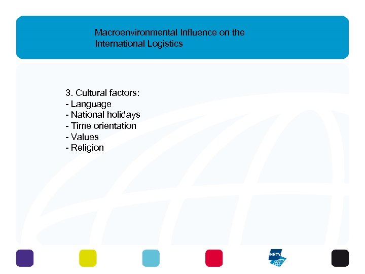 Macroenvironmental Influence on the International Logistics 3. Cultural factors: - Language - National holidays
