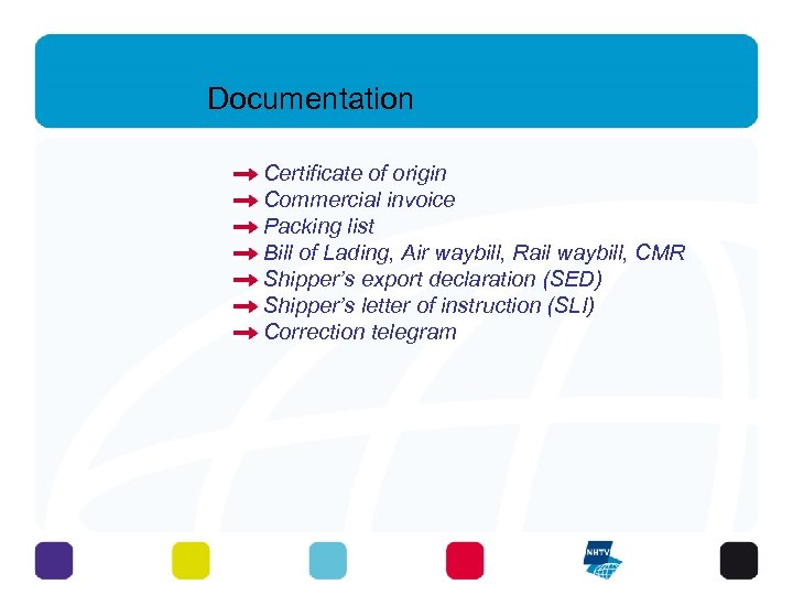 Documentation Certificate of origin Commercial invoice Packing list Bill of Lading, Air waybill, Rail