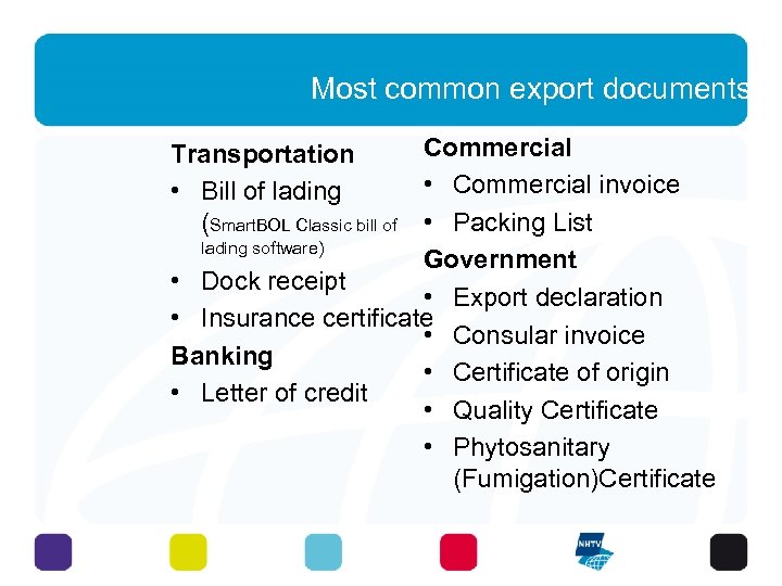 Most common export documents Commercial Transportation • Commercial invoice • Bill of lading (Smart.