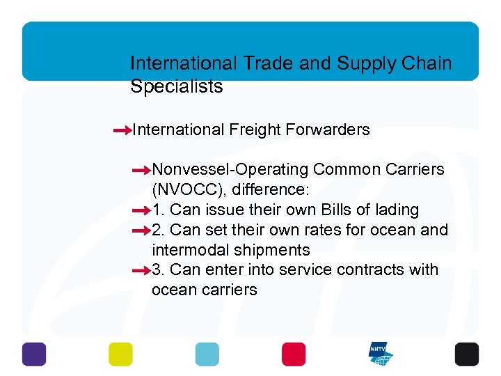 International Trade and Supply Chain Specialists International Freight Forwarders Nonvessel-Operating Common Carriers (NVOCC), difference: